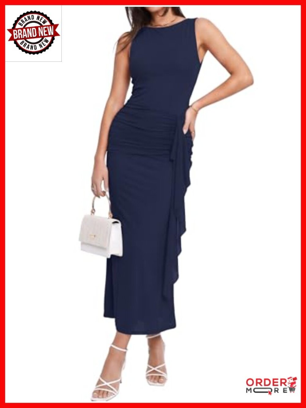 Sleeveless Crewneck Ruched Mesh Bodycon Midi Dress